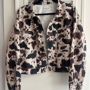 love, Fire Brown and Black Animal Cow Print Jean Jacket Cropped Button Front